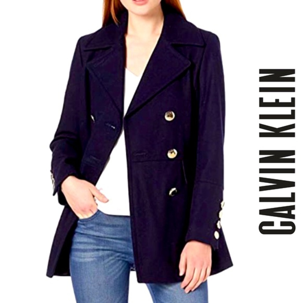 New Calvin Klein Navy Wool Blend Peacoat